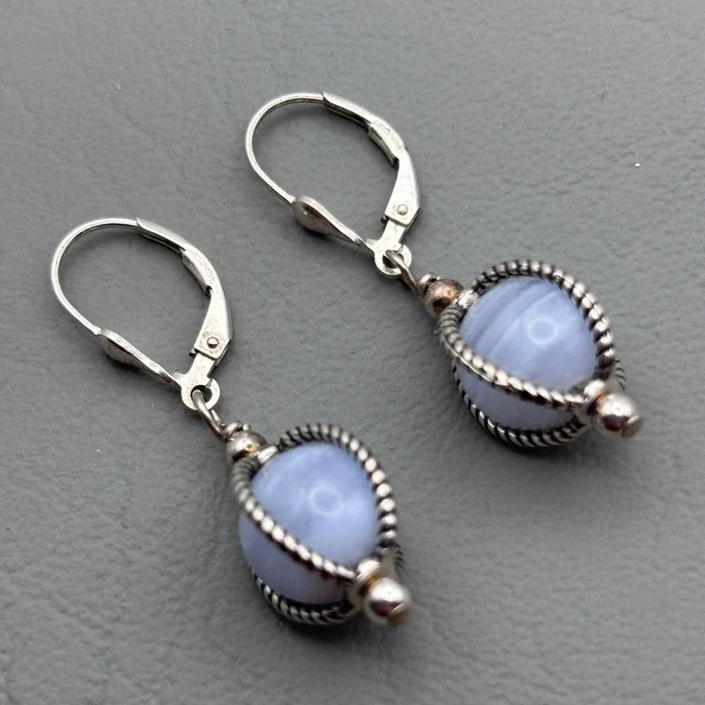 Vintage Carolyn Pollack Relios Necklace Earrings Sterling Blue Lace Agate 17